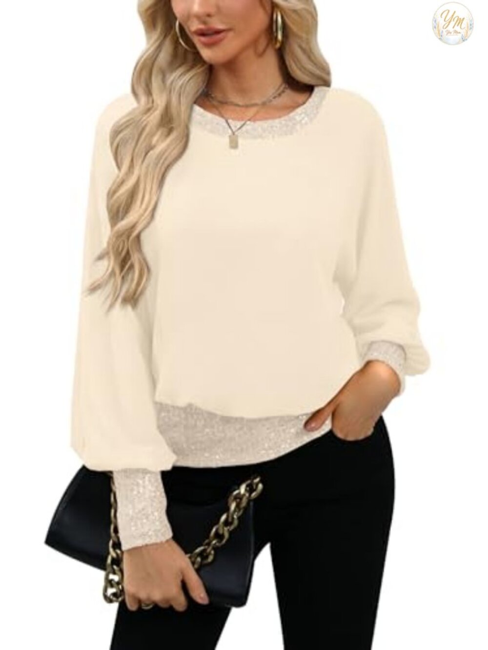 Sequin Chiffon Blouson Top Dressy Wedding Cocktail Party Shirt